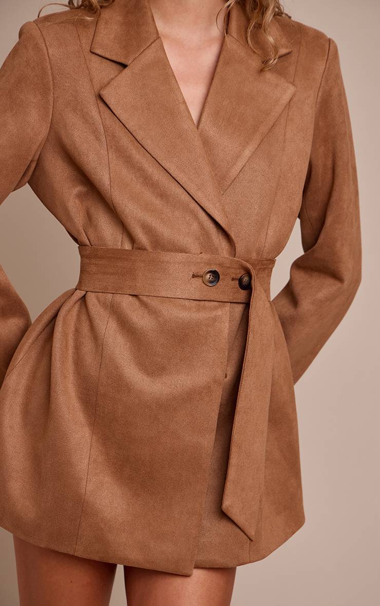 Marron Robe Blazer Ceinturée En Synthétique