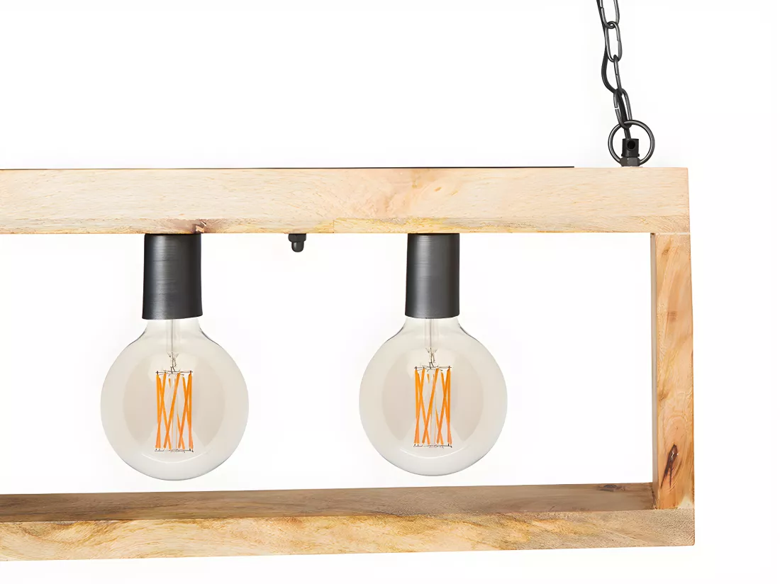 Suspension style industriel caisse rectangulaire en bois OLIUS - bois et métal -4 lampes - H. 31 x L.100 cm - naturel et noir