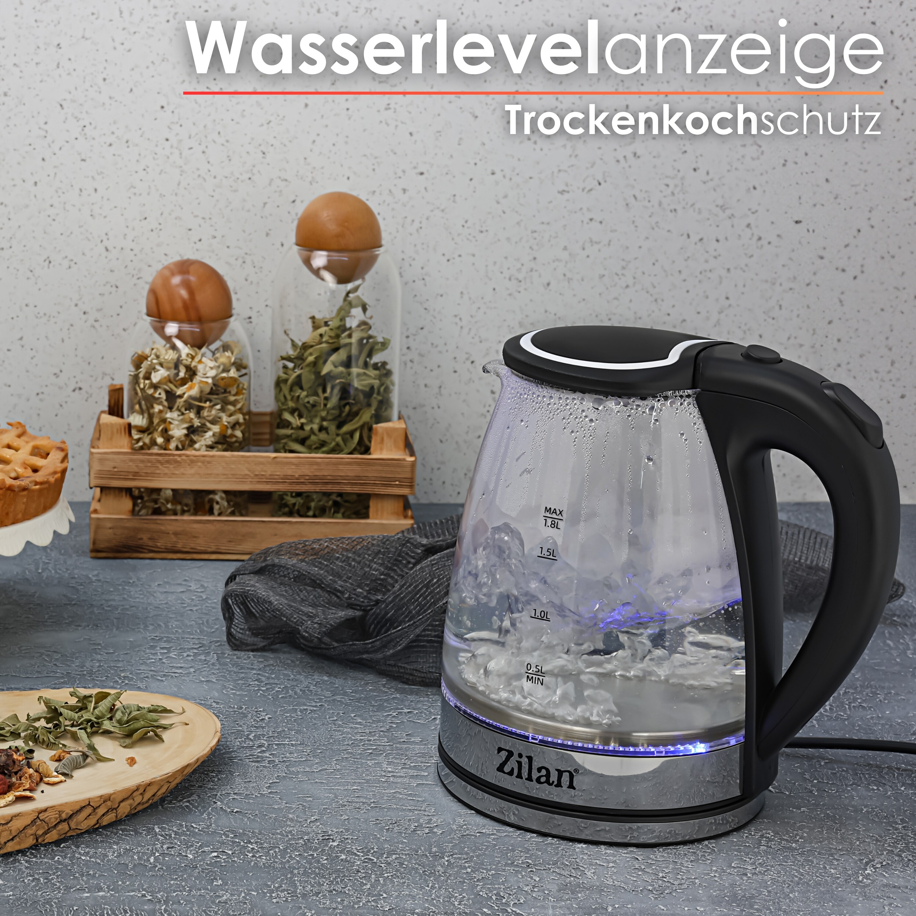 Zilan Glas Wasserkocher 1.8L mit blauer LED-Beleuchtung 1800W