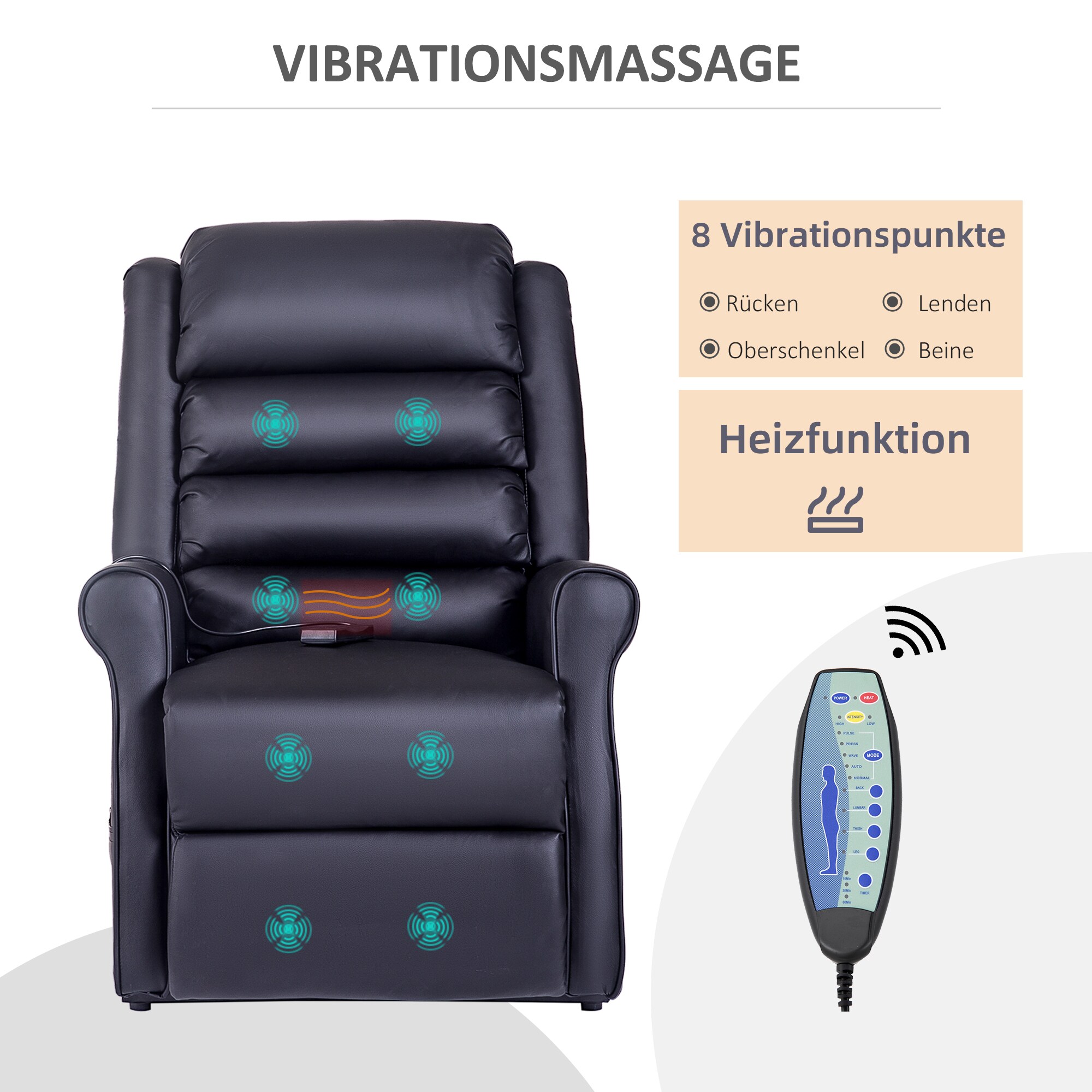 HOMCOM Massagesessel mit Aufstehhilfe schwarz 82L x 96B x 107H cm
