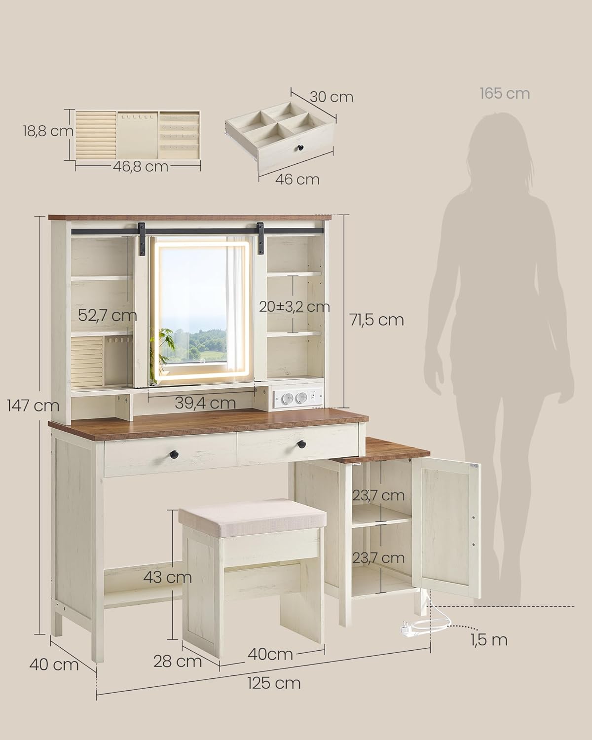 VASAGLE LIRY Kollektion - Schminktisch mit Spiegel und Beleuchtung, Frisiertisch im Landhausstil mit Hocker, Ladestation, 2 Schubladen, Schmuckaufbewahrung, vintageweiß-honigbraun RDT136W01