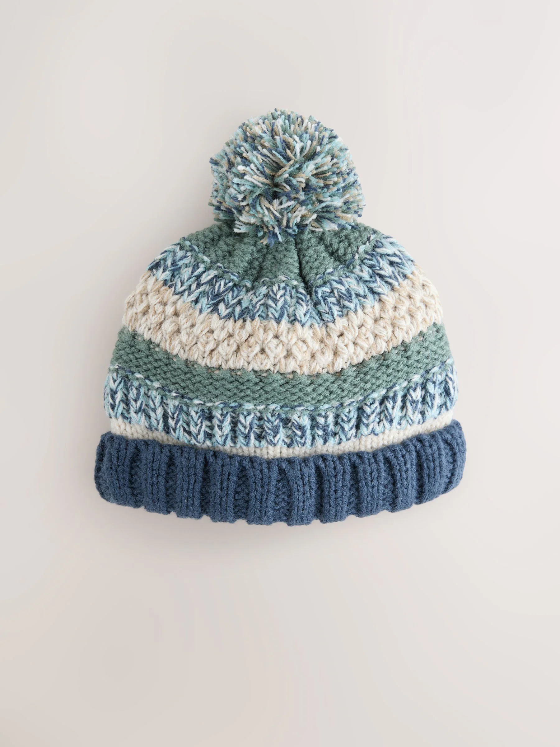 Groen/blauw - Gebreide Baby muts met pompon (0mnd -2jr)