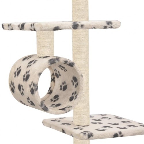Arranhador com haste de sisal, bege, com pegadas de patas.