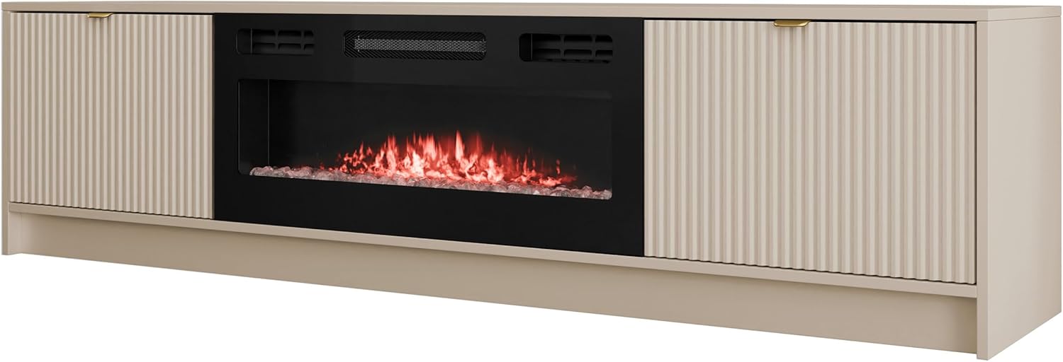 Mirjan24 TV Schrank Tireno EF mit Elektrischem Kamin mit Heizung, Realistische LED-Flamme, 2 Klappe, gefräster Front, Fernsehschrank, TV Lowboard Fernsehtisch (Sandbeige)