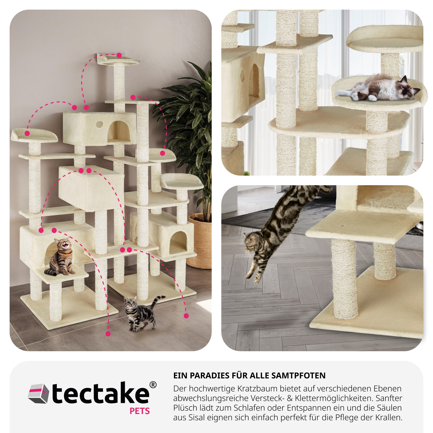 tectake® Kratzbaum, 214 cm, mit 4 Katzenhäusern, inklusive Kippschutz