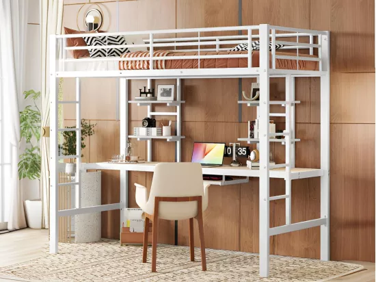 Lit mezzanine 90x200cm - avec bureau et étagères - cadre en métal - Blanc