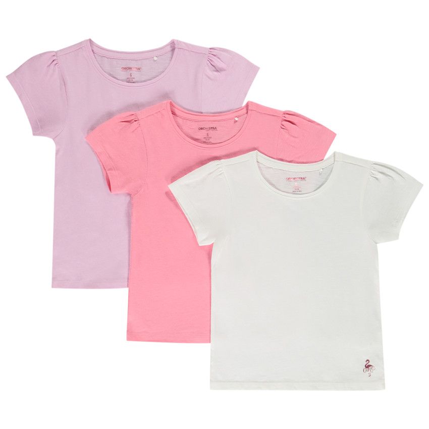 Lot de 3 t-shirts manches courtes en coton unis pour fille - Ecru