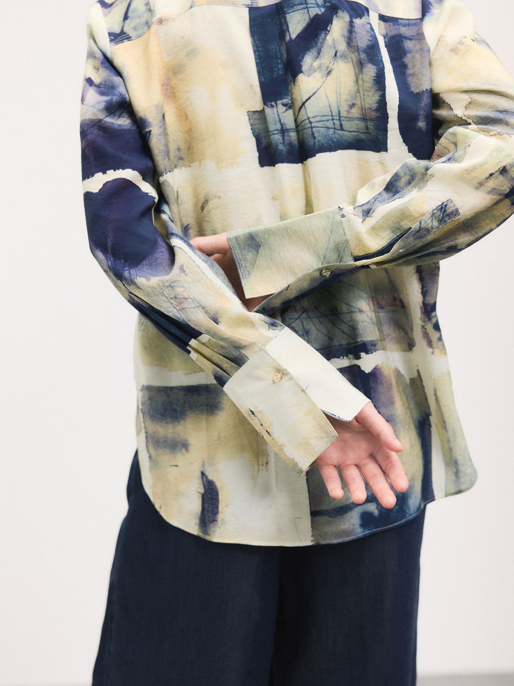 Marineblauw/Crème rasterprint - Overhemd met lange mouwen en knoopsluiting