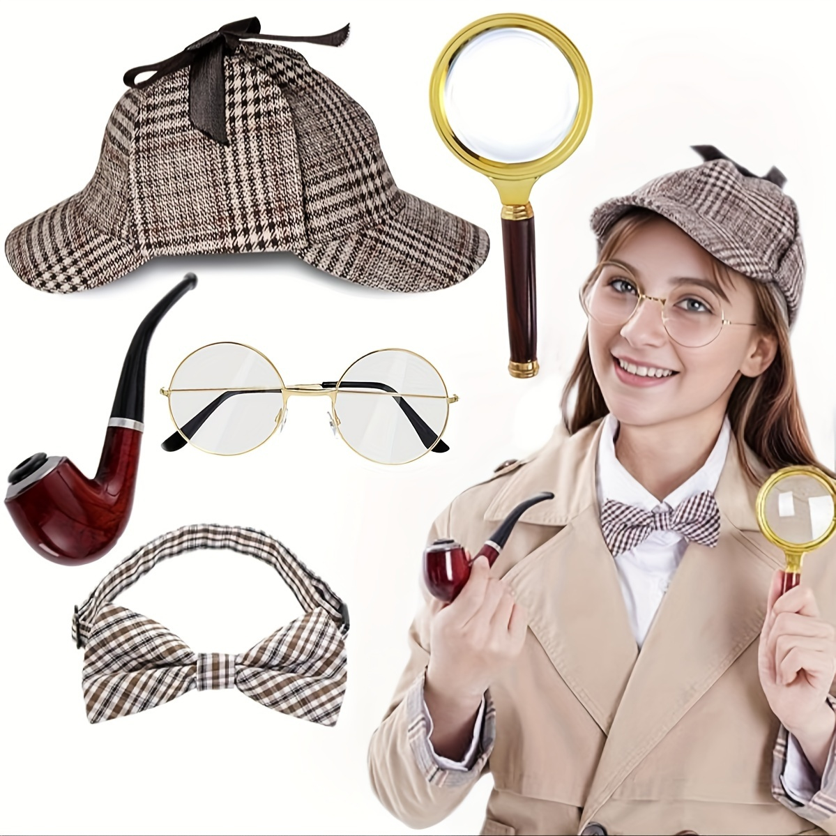 (8-tlg. Set) Detektiv Agent Fasnacht Erwachsenen Kostüm Zubehör für Motto Partys / Halloween mit Brille / Hut - Braun / Gold
