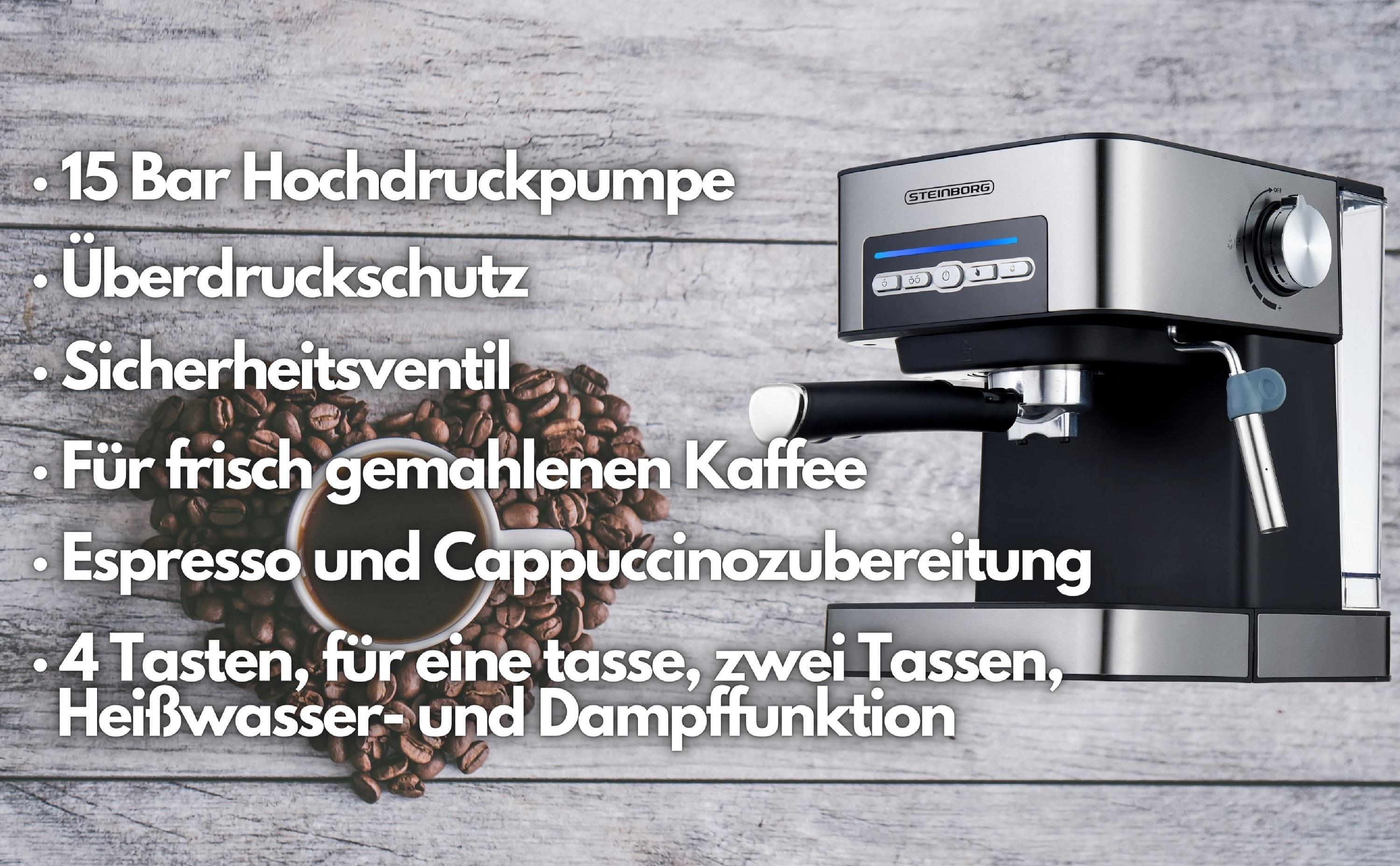Steinborg Espressomaschine 15 Bar Edelstahl Dampfausstoßregler 850W