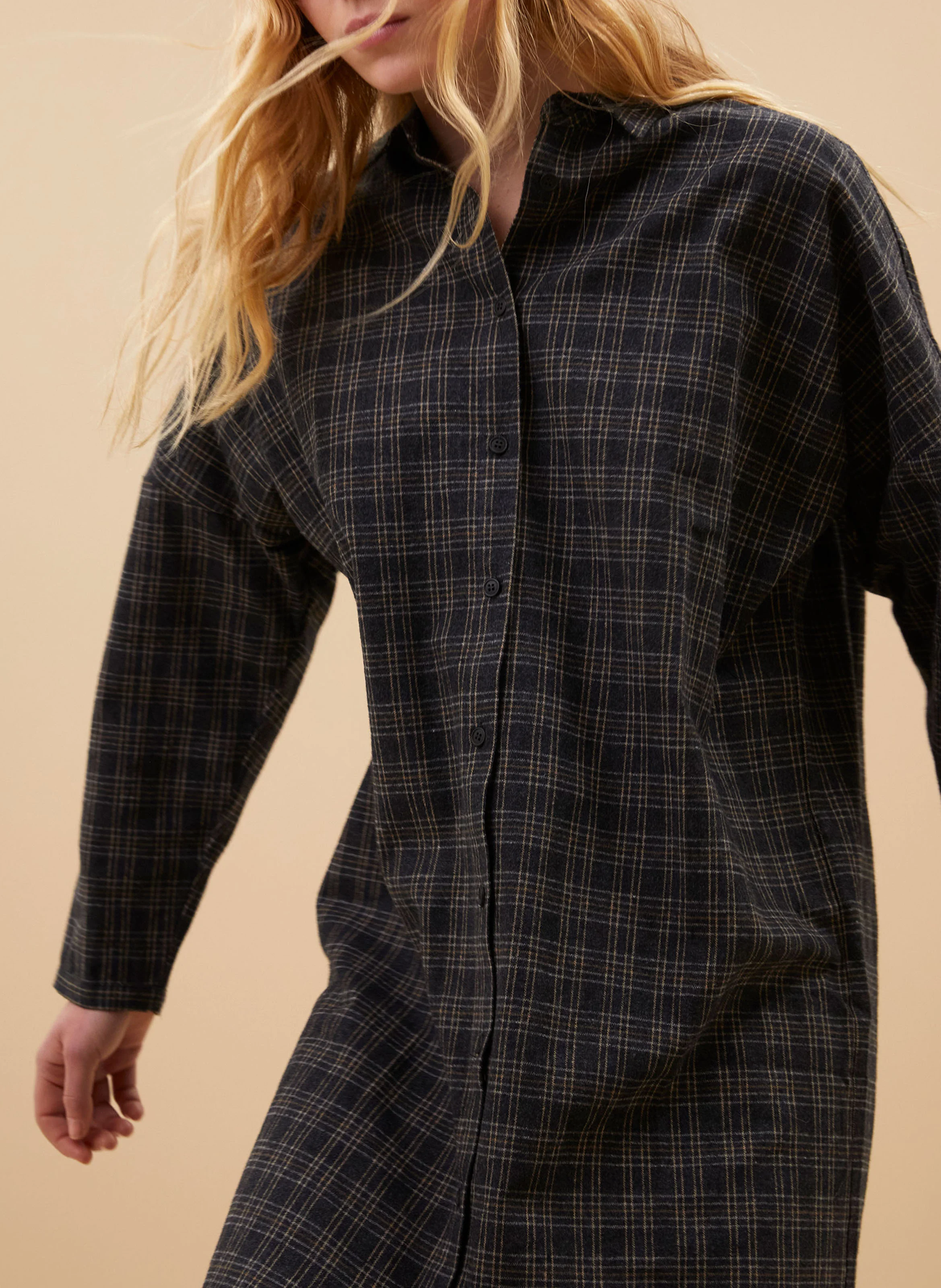 Robe midi col chemise à carreaux | Gris