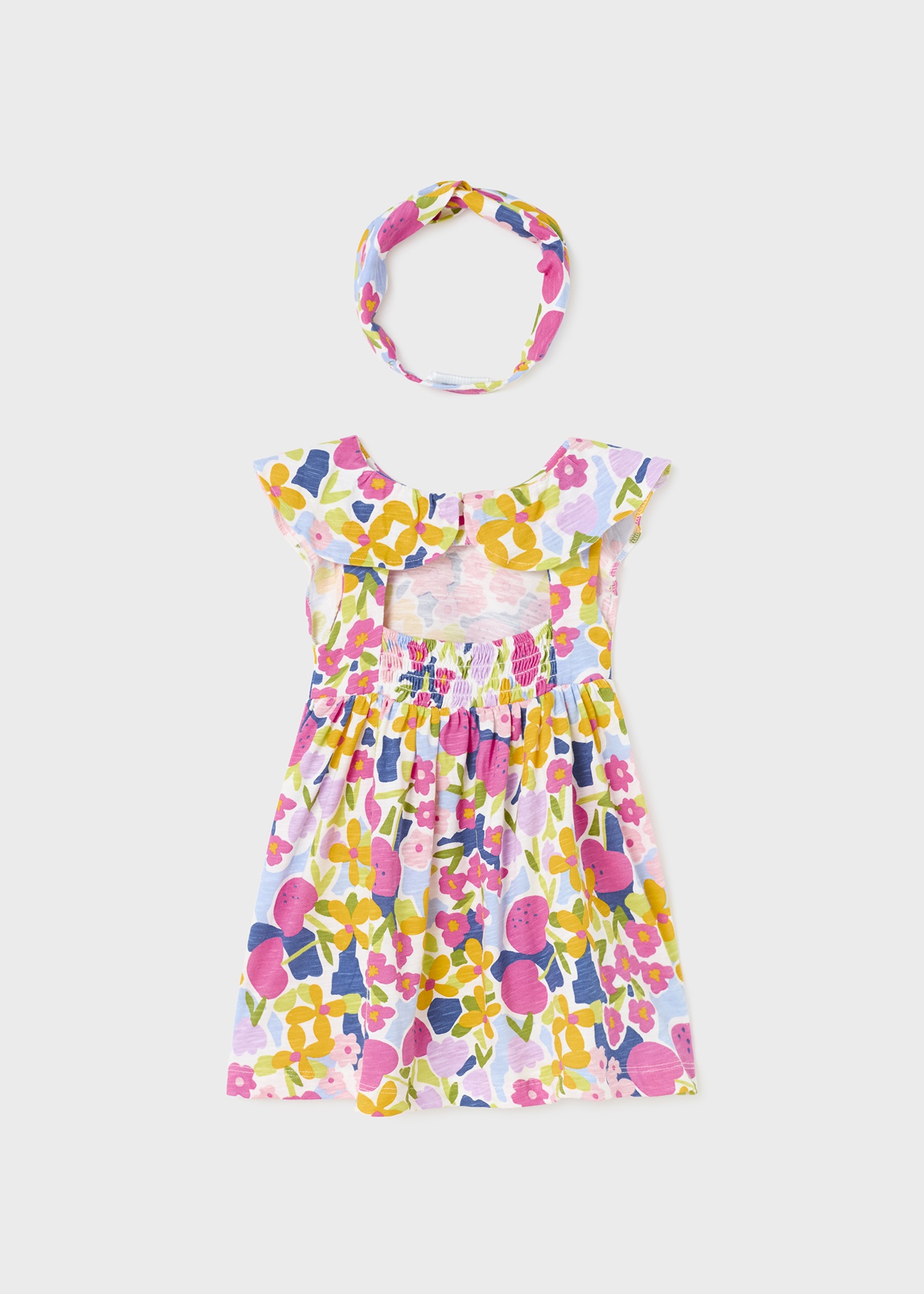 Vestido estampado em algodão sustentável com faixa de cabelo para bebê