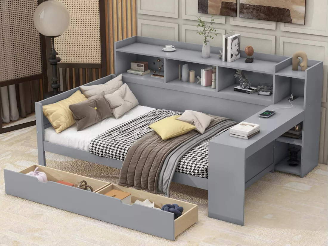 Lit banquette 90x200cm - bureau avec prise USB - 2 tiroirs & étagères - Gris (matelas non inclus)
