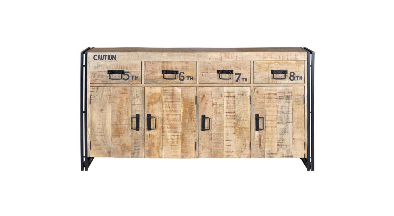 Bahut 4 tiroirs bois, métal marron 165x38x90cm - bois-métal