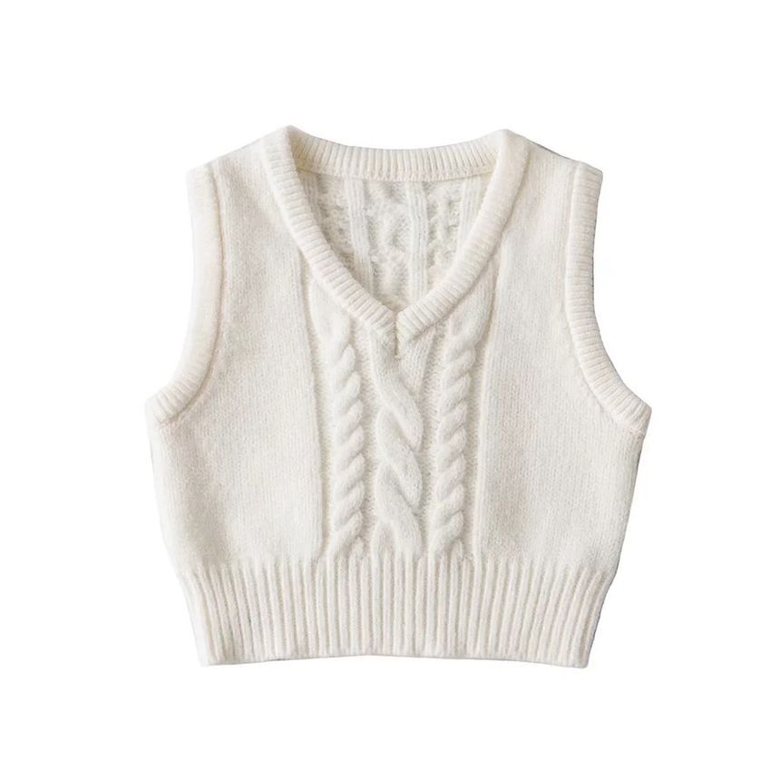 Asiris - V-hals effen cropped kabelgebreid vest