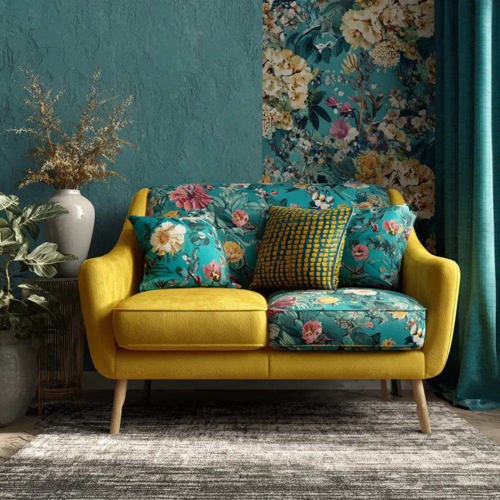 Zweisitzer-Sofa 140x85x80 cm - Gelb/Blumenmuster - Retro-Stil