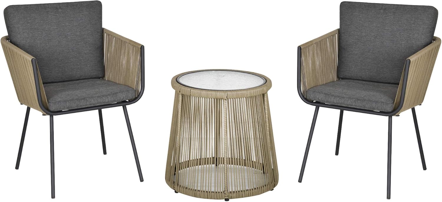 Outsunny Polyrattan Gartenmöbel Set, Outdoor Balkonmöbel für 2 Personen, 3-teilig Gartenmöbel mit 2 Stühle, Tisch Sitzkissen, wetterfest Sitzgruppe für Garten, Terrasse Balkon, Grau