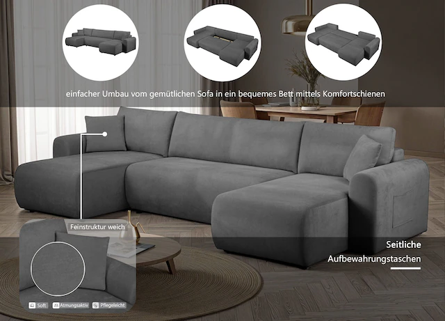 GOODproduct Wohnlandschaft »JONAA, 311 cm, U-Form, Schlafsofa, Boxspringfederung, Cord u. Struktur« 133/270cm, Bettkasten, Seitentaschen, Cord und Struktur