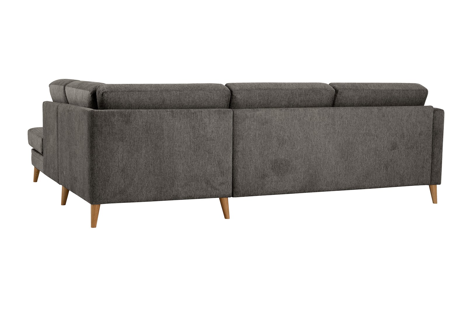 Eden hjørnesofa 2,5-seter med åpen ende høyre. Tekstil Brego 7 Antrazite med ben i eik natur (15137).