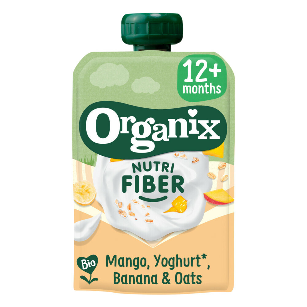Organix Knijpfruit Box 12+ mnd - Nutri Fiber Mango Yoghurt Banaan 6 x 100 gr + Nutri Fiber Banaan Blauwe Bes Yoghurt 6x 100 gr + Mango, Abrikoos, Wortel & Venkel 6 x 100 gr + Appel Zoete Aardappel & Ananas 6 x 100 gr Pakket