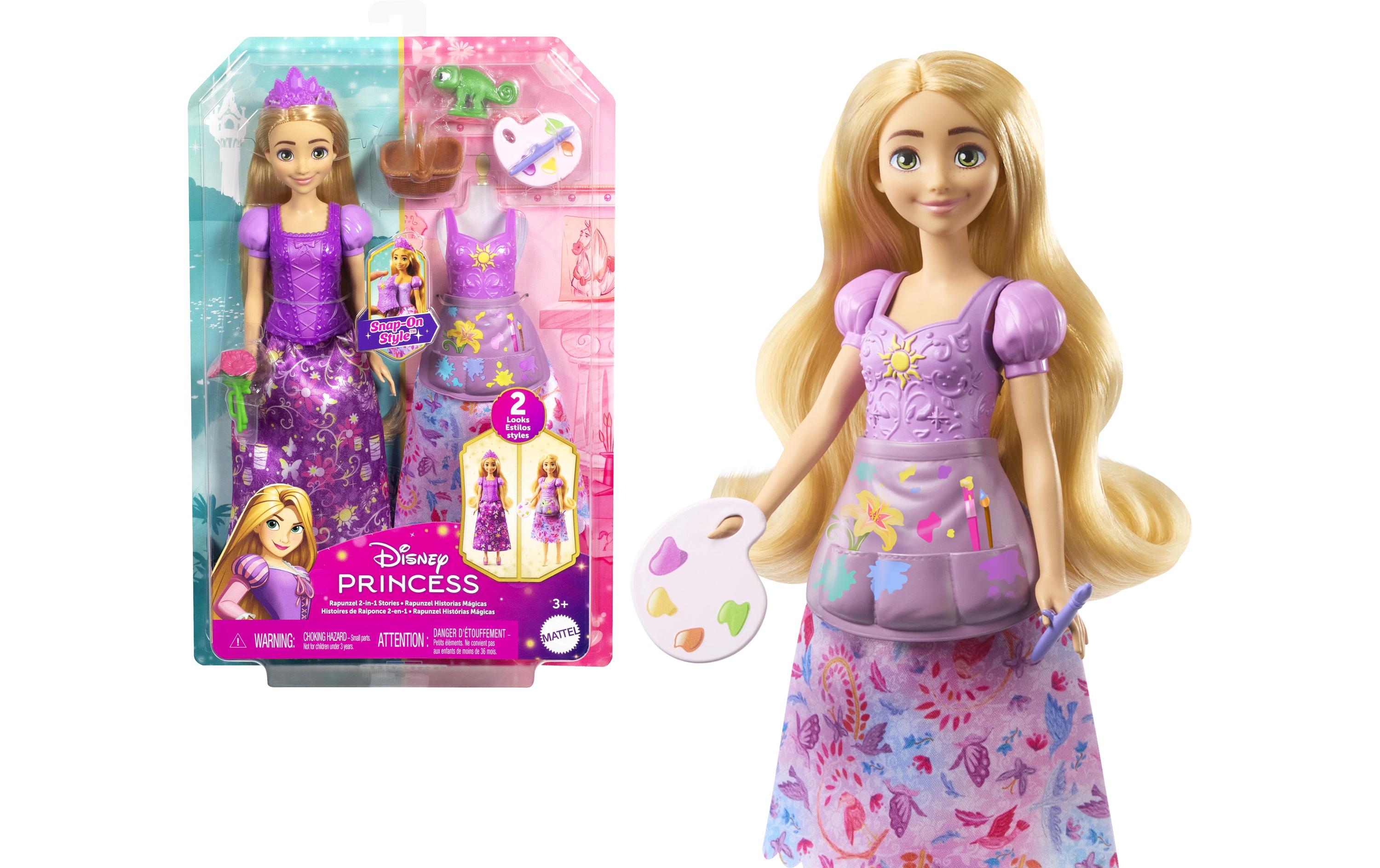 Spielset 2-in-1-Geschichten Rapunzel-ModepuppePuppe mit 2 Oberteilen zum Anklipsen, 2 Röcken und 9 Accessoires
