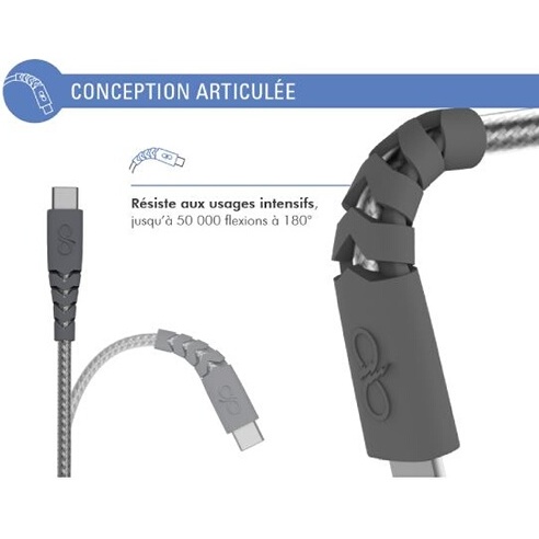 Câble téléphone portable Force Power Câble renforcé C/C 1.2m 3A Gris