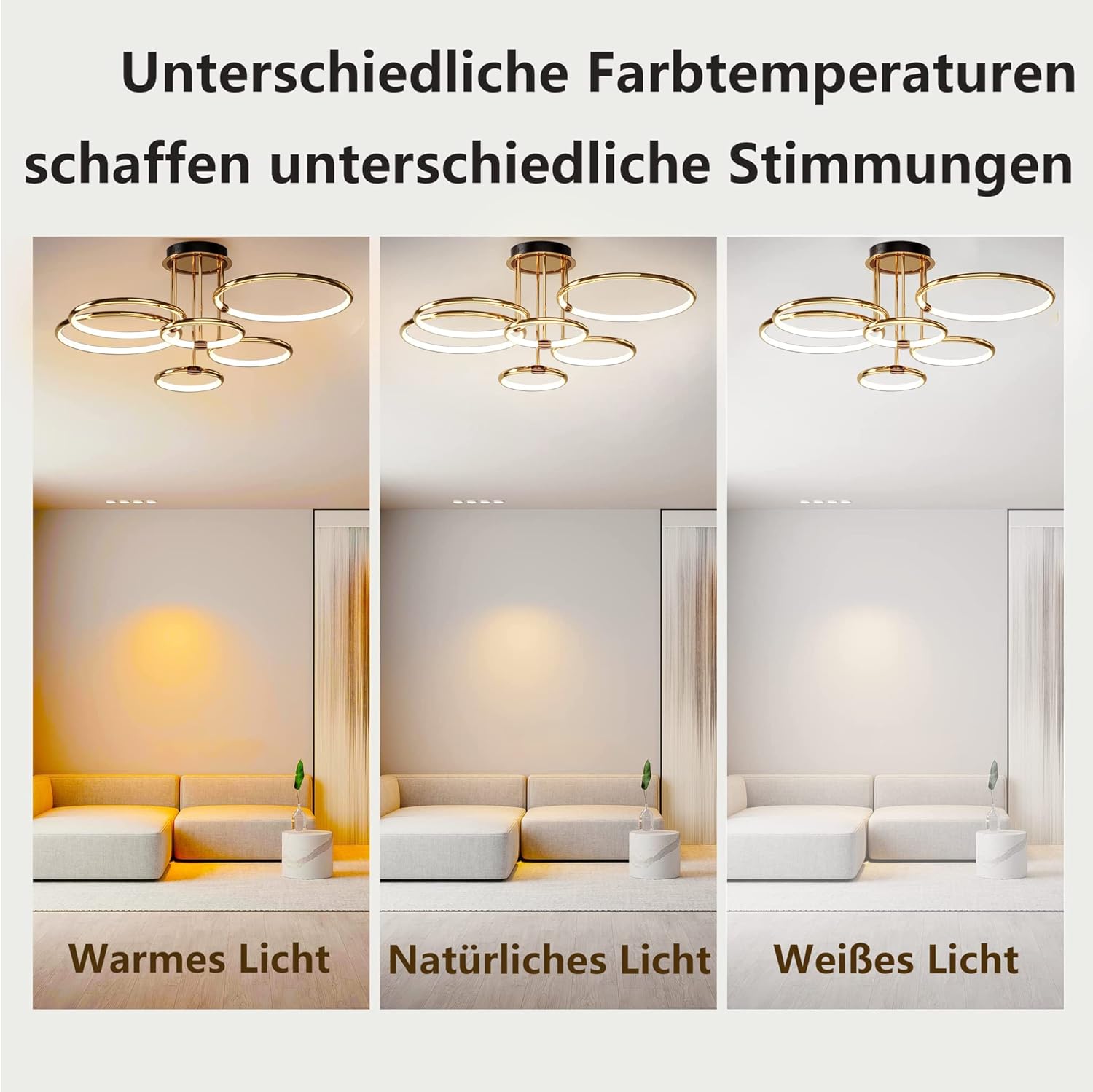 LED Deckenleuchte Modern Design Deckenlampen Gold 6-Ring Lampen Dimmbar Wohnzimmerlampe mit Fernbedienung, Aluminium Led Beleuchtung für Wohnzimmer Schlafzimmer Küche Esszimmer Büro 104cm, 140W…
