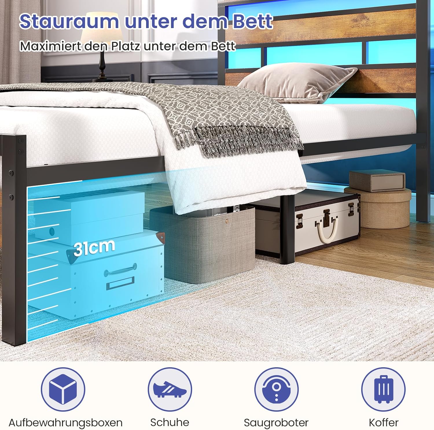 Bett 90x200 mit Lattenrost aus Metall, Einzelbett Bettgestell 90x200cm mit LED Beleuchtung und Ladestation (2 AC-Steckdosen, 1 USB-Anschluss und 1 Type-C-Anschluss) Metallbett mit Kopfteil MD1339156