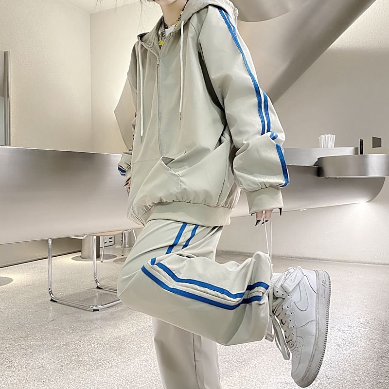 MELLO - Set: Gestreept jack met capuchon en rits + Harembroek met hoge taille en trekkoord