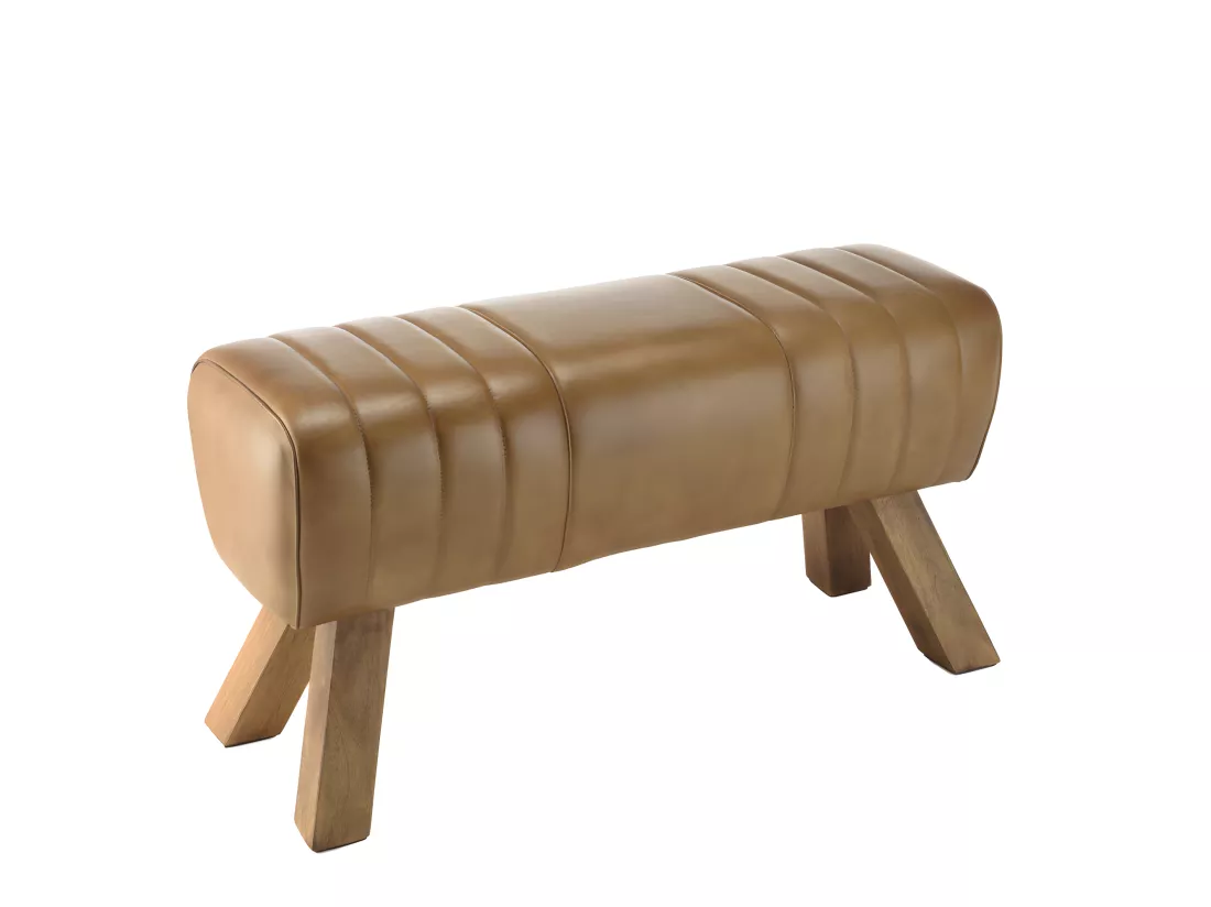 MARCEL - Banc matelassé cuir marron pieds inclinés en bois de manguier
