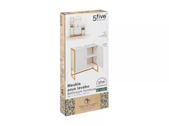Meuble sous lavabo en Bambou et Bois Blanc 2 Portes H 80 cm
