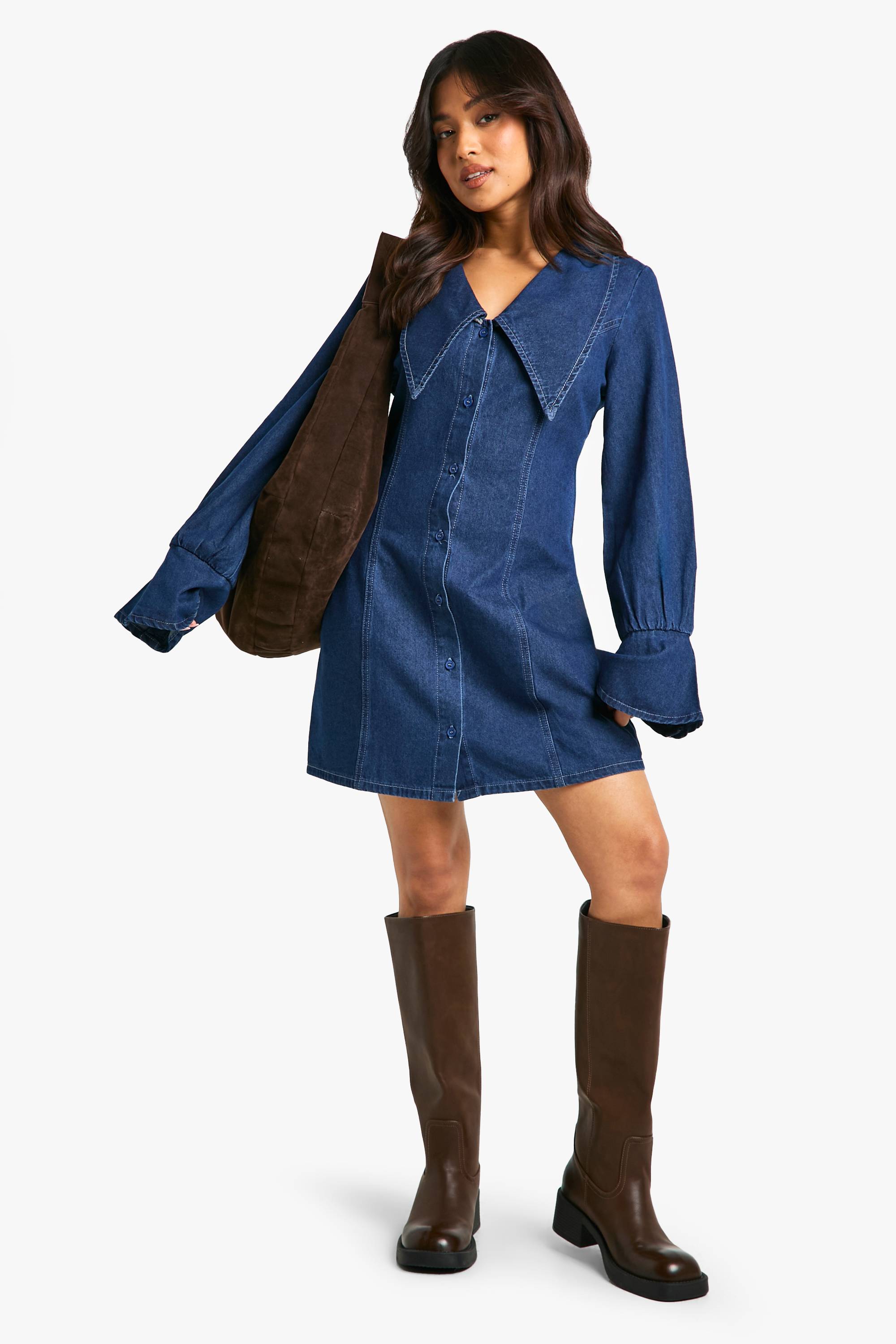 boohoo Petite Robe Chemise en Jean avec Détail sur Petit Col