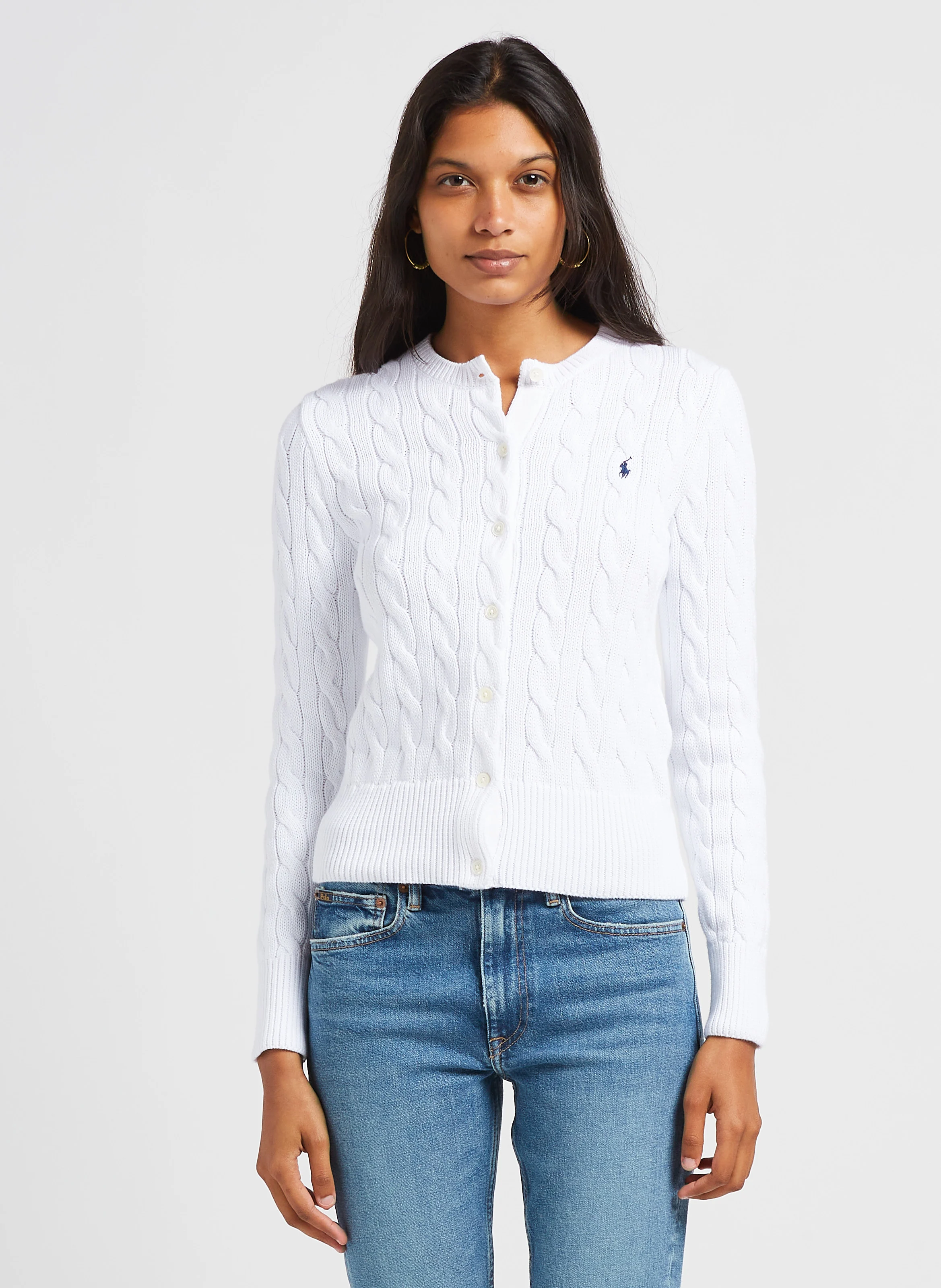Gilet col rond brodé en coton | Blanc