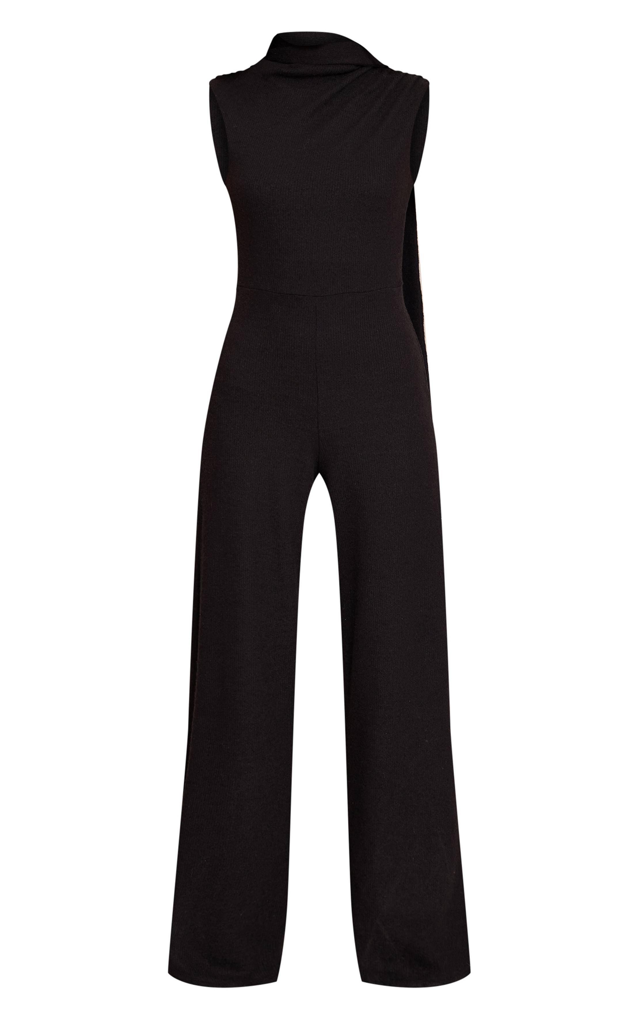 Noir Combinaison Pantalon Large Côtelée Avec Détail Foulard Froncé