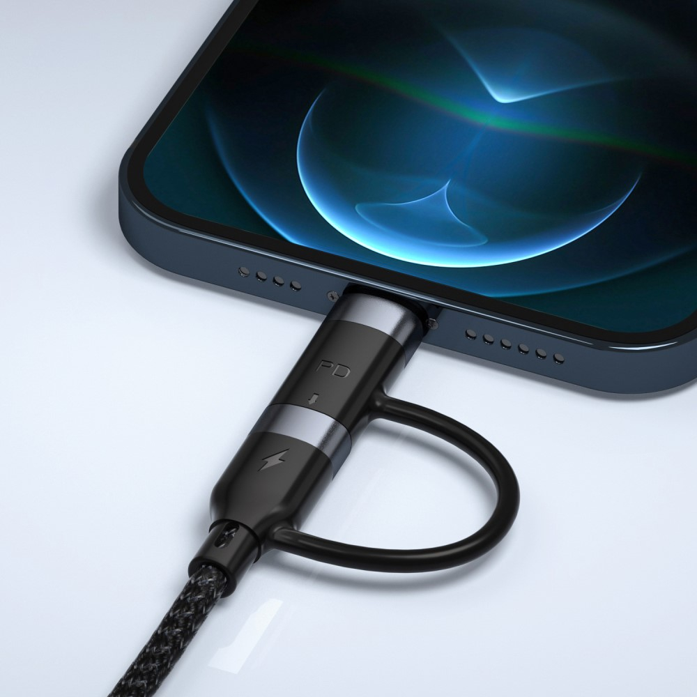 (1m) Robustes 2in1 USB C   Lightning 60W PD Schnellladekabel Datenkabel Nylon - Schwarz
