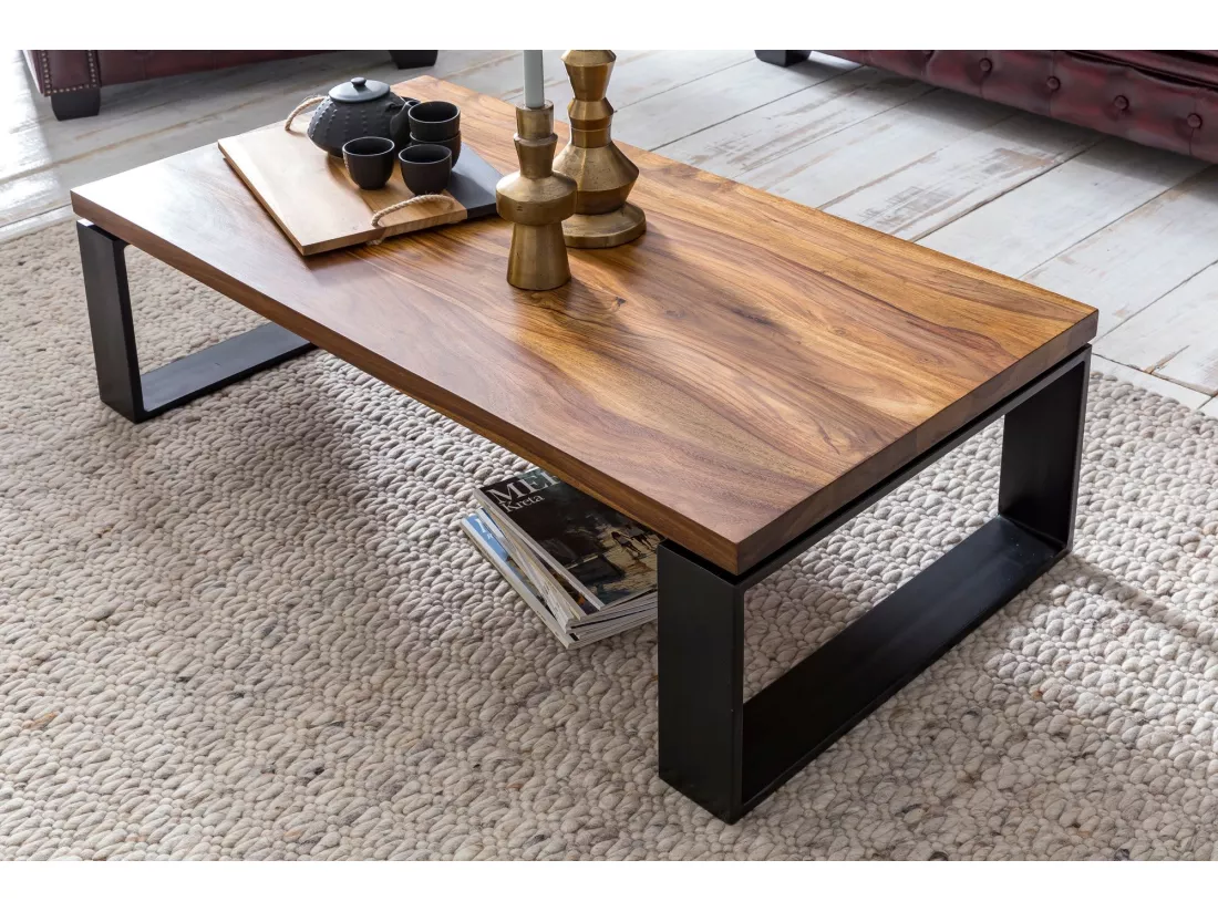 Table Basse Wl5.650 En Bois De Sheesham Basse En Bois Massif Solide Avec Structure En Métal