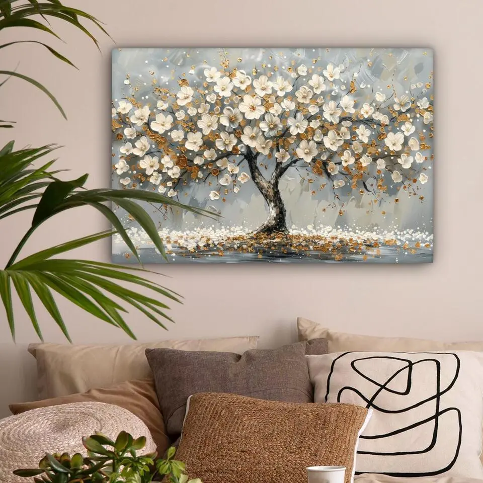 MuchoWow Canvas Schilderij 90x60cm Boom Bloemen Wit Natuur