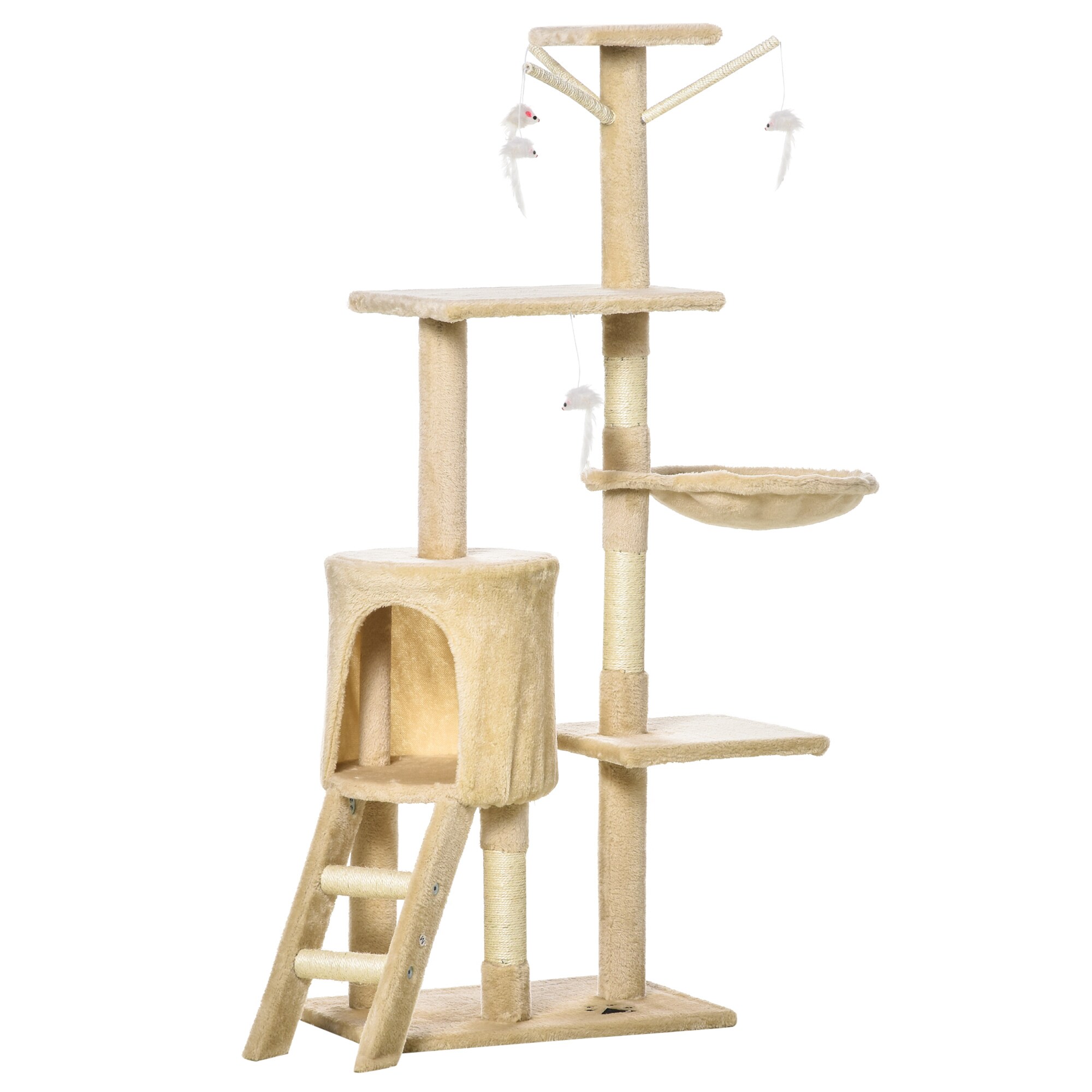 PawHut Katzenkratzbaum mit 4 Spielmäusen beige, weiß 50 x 35x 131 cm (LxBxH)
