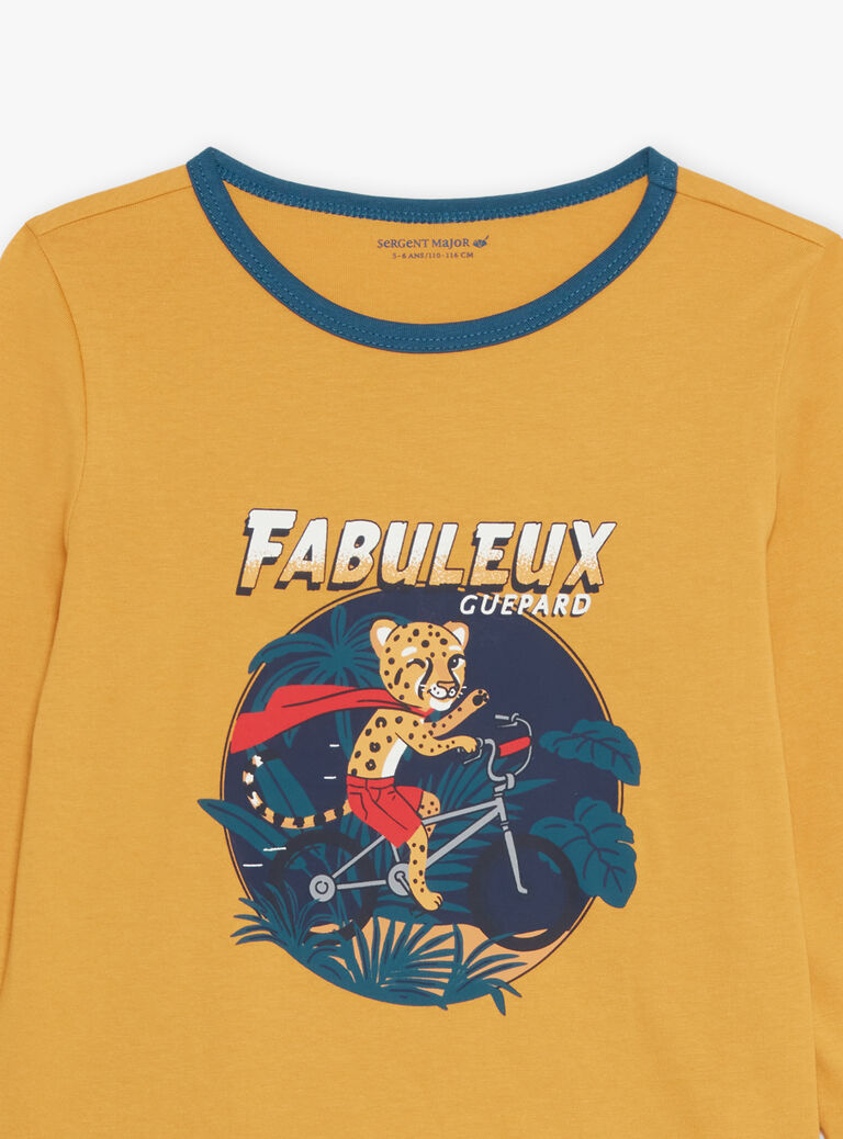 Pyjama deux pièces jaune moutarde en coton avec cape tête de léopard