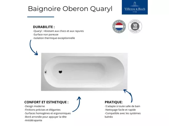 Baignoire droite 170 X 75 VILLEROY ET BOCH Oberon Solo Quaryl