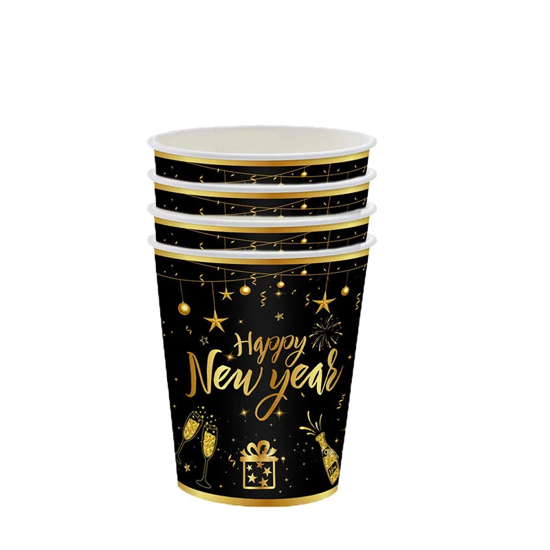 (97-tlg. Set) Einweg Geschirr Silvester Party Tisch Deko inkl. Teller / Servietten / Papp Becher / Tischdecke - Schwarz / Gold