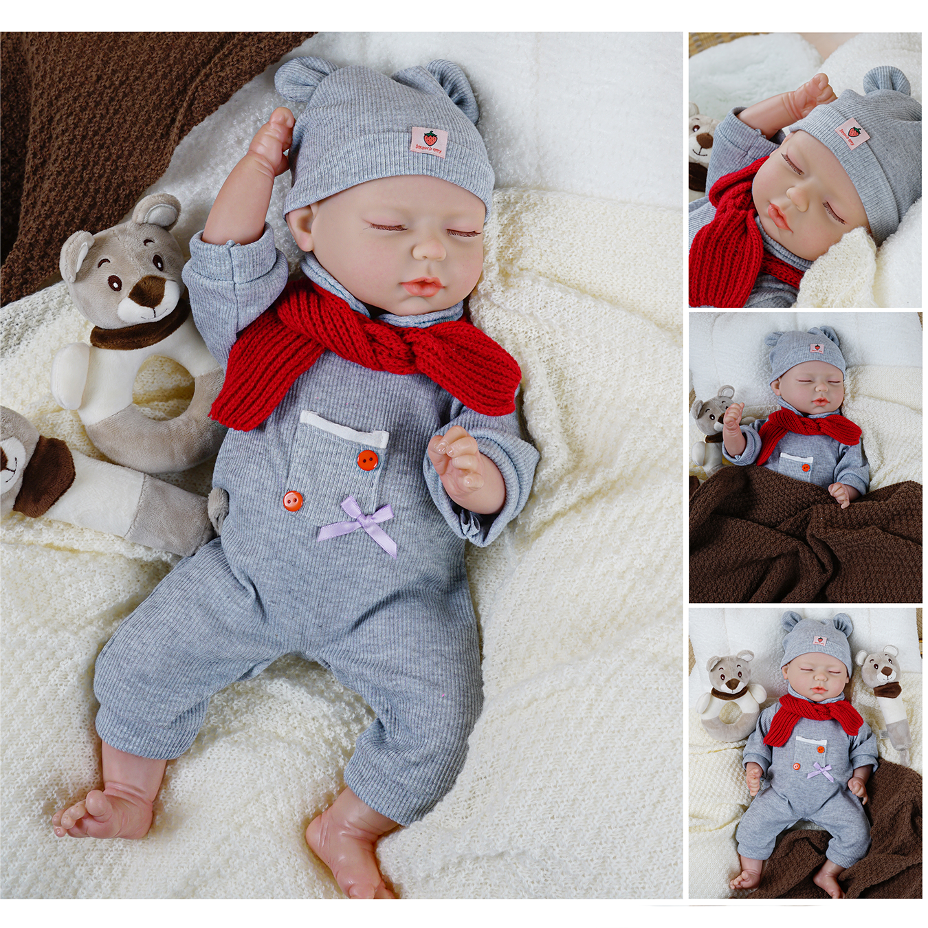 (43cm) Reborn Baby Puppe Lebensechte Kinder Spiel Puppe Toddler Doll inkl. Kleidung / Accessoires (Batteriebetrieben) - Grauer Strampler