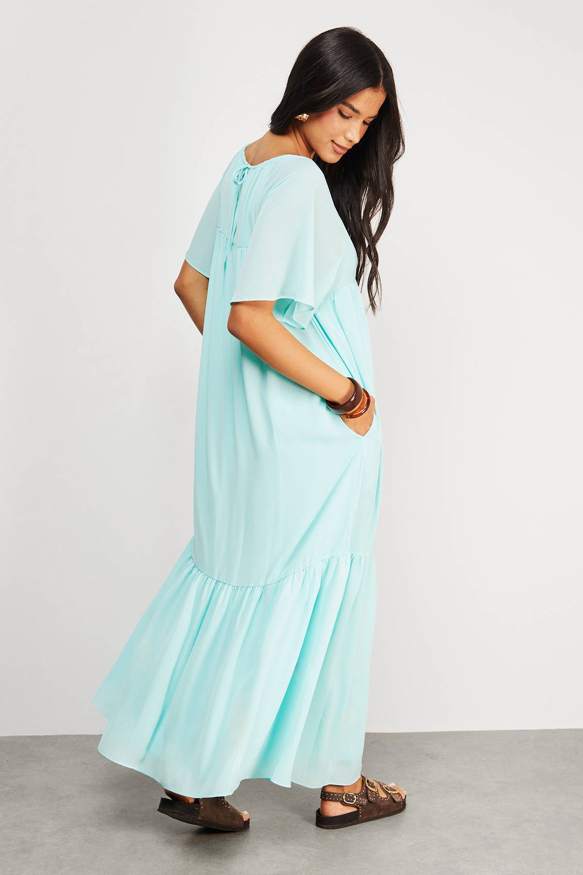 Warehouse Robe Midi Smock en Mousseline à Volants Étagés