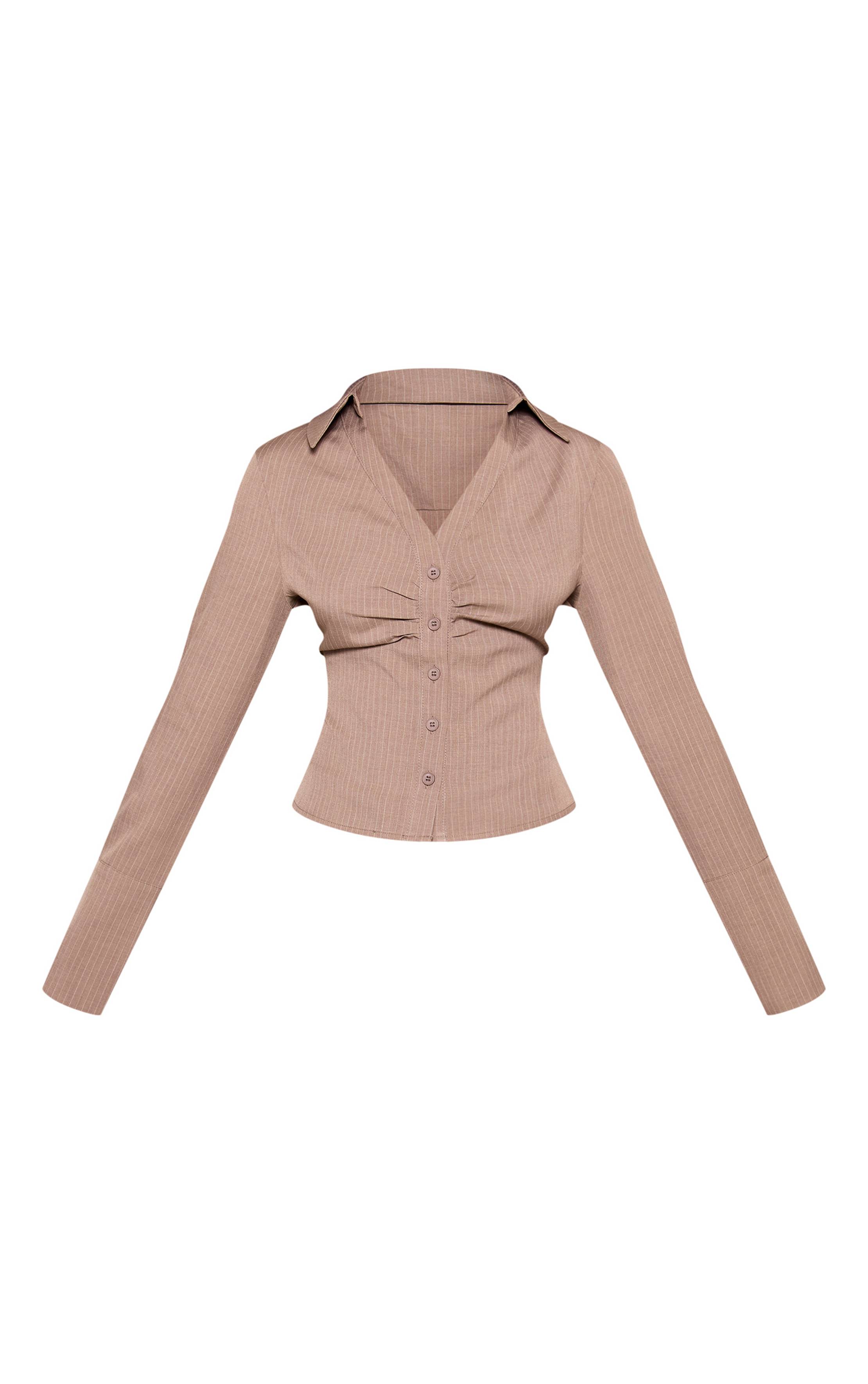 Taupe Chemise Petite À Rayures Fines Avec Fronces Sur Le Buste Et Boutonnage