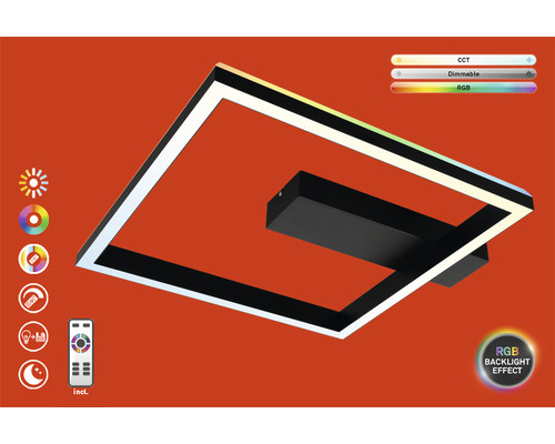 Dimbare LED-plafondlamp, 18W, 2000 lm, 2700K-6500K CCT RGB, 57x48 cm, zwart, met nachtlampfunctie, geheugenfunctie en afstandsbediening.