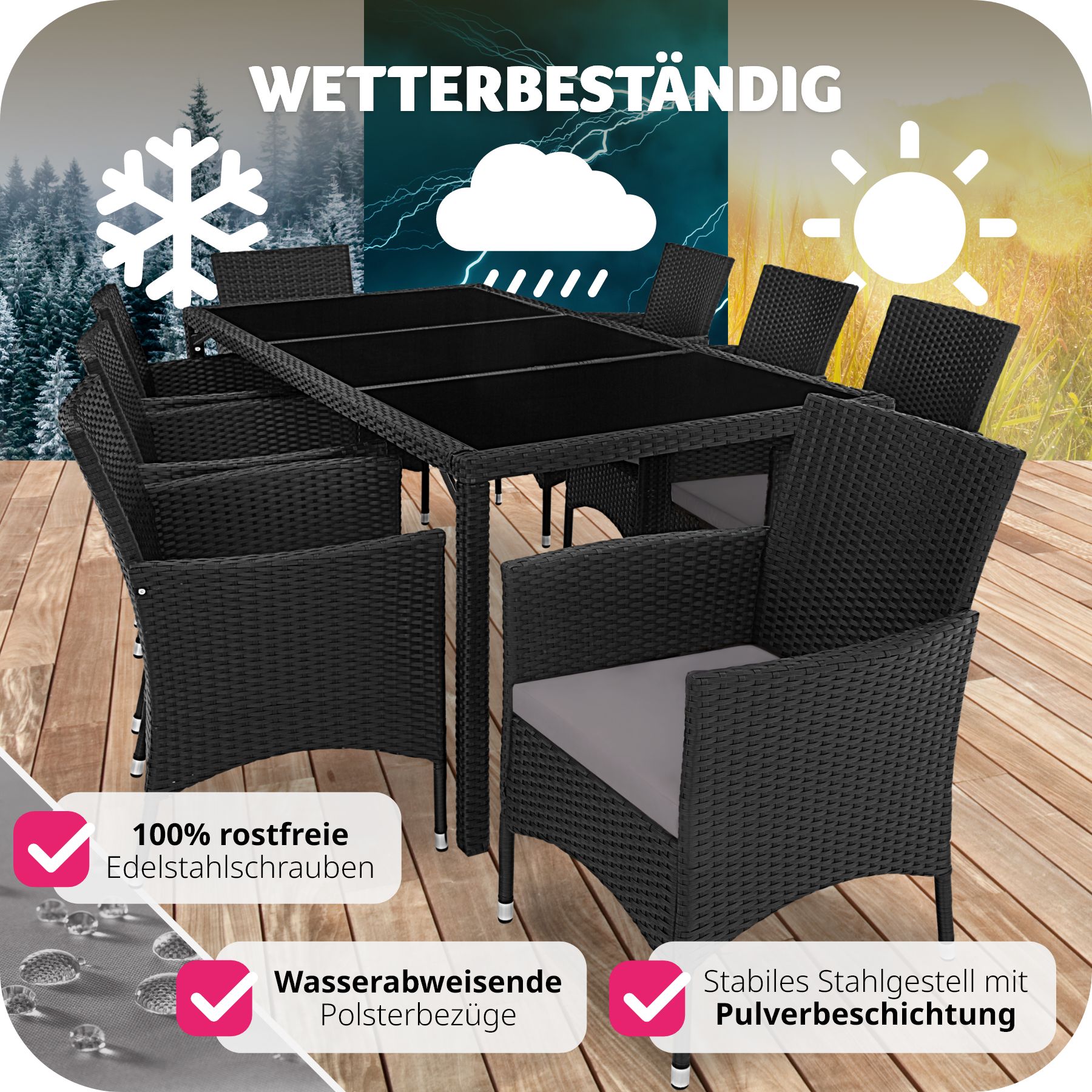 tectake® Rattan Sitzgruppe, für 8 Personen, UV-beständig, inklusive Schutzhülle