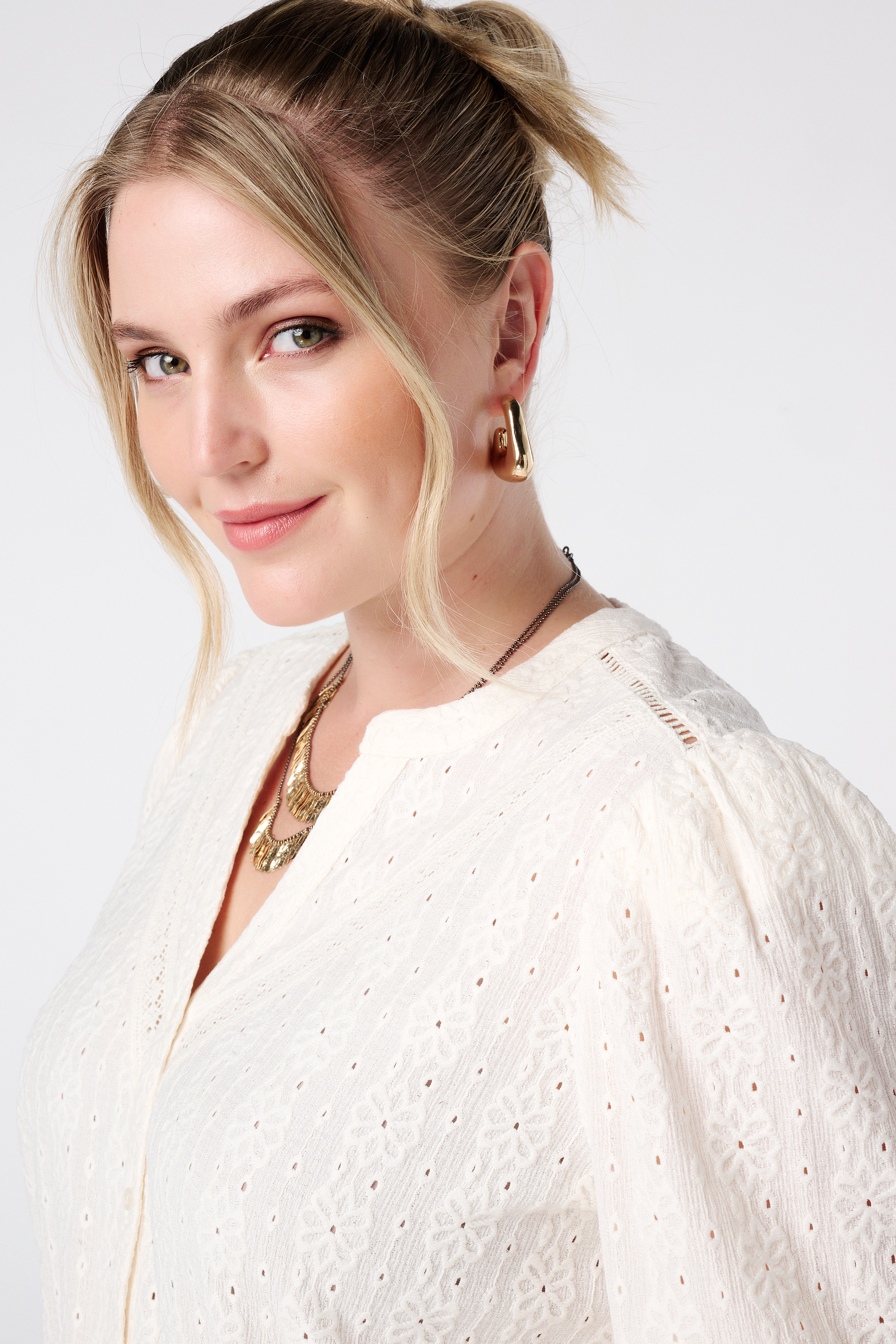 Jersey top met stretch met pofmouw Cream