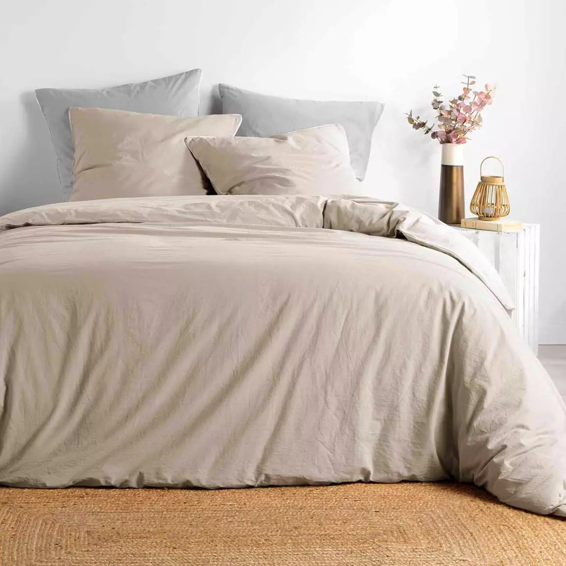 Housse de couette et deux taies coton lavé (240 x 220 cm) Linette Beige