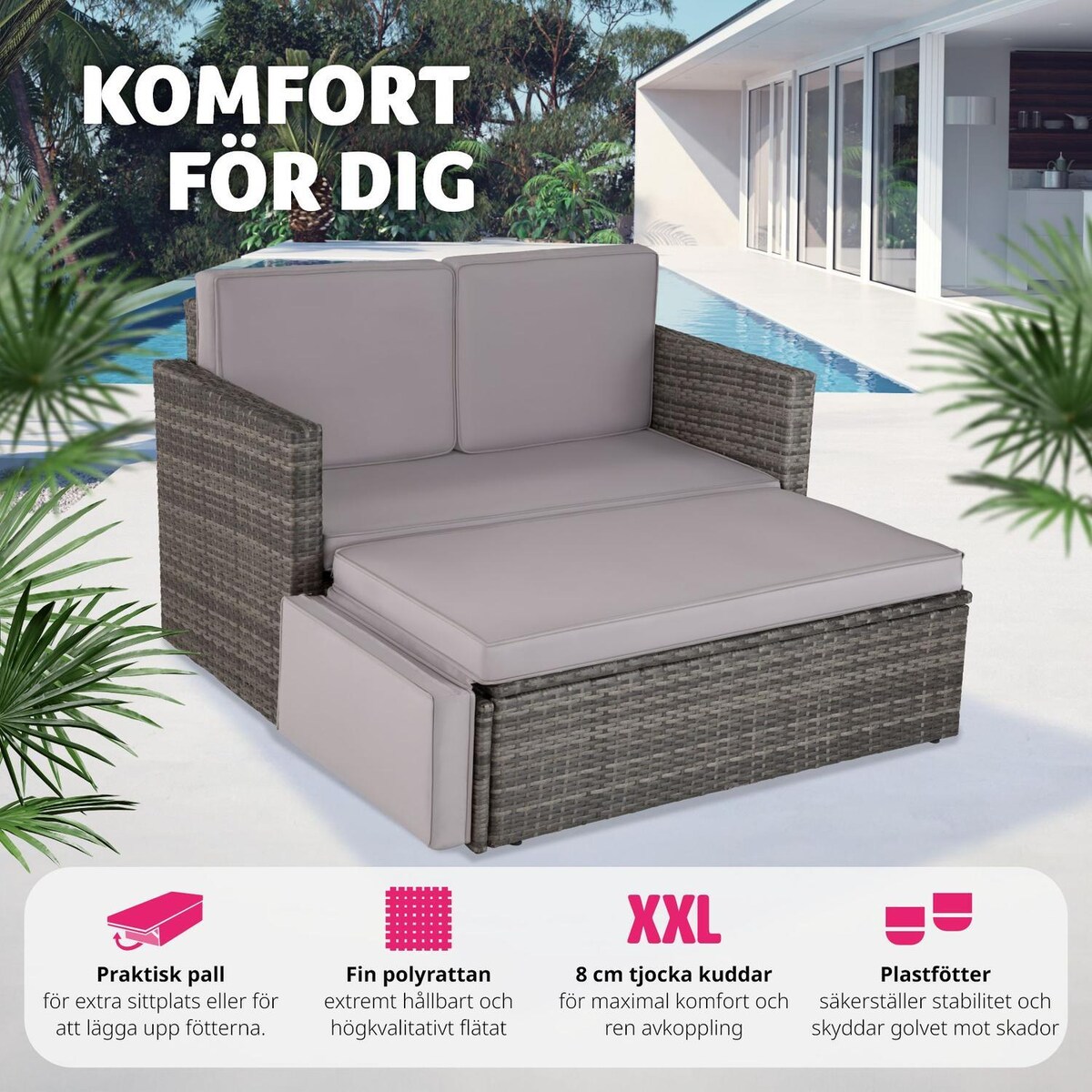 Hagemøbel sofa poly rotting Korfu - grå