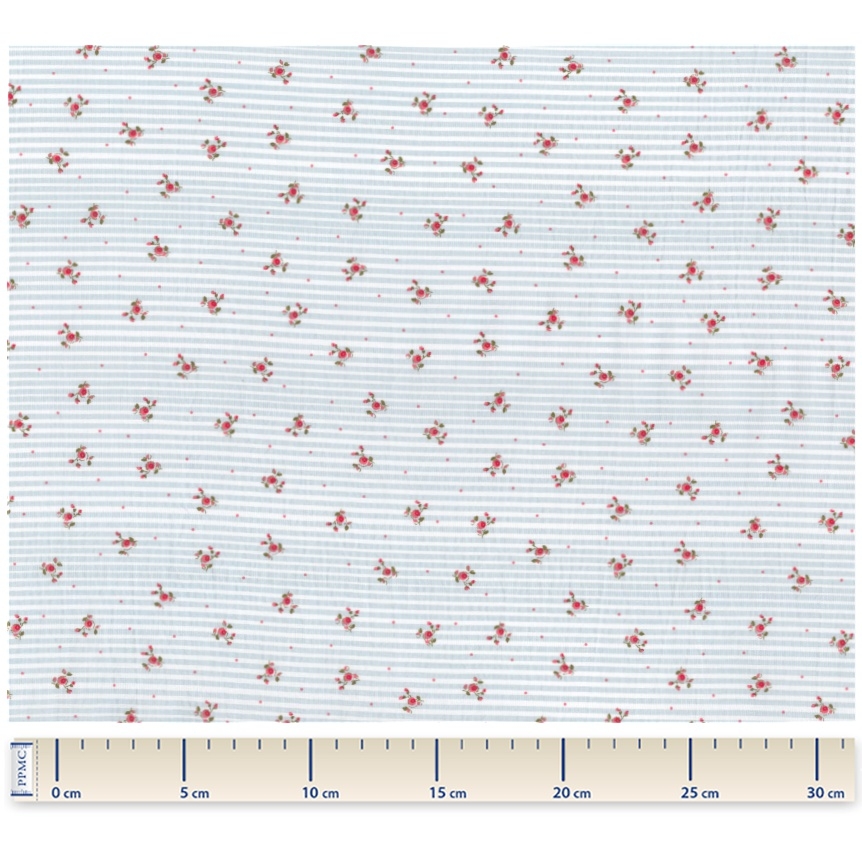 Tissu Coton Au Mètre Ex2328 Rayures Fleuries Bleu